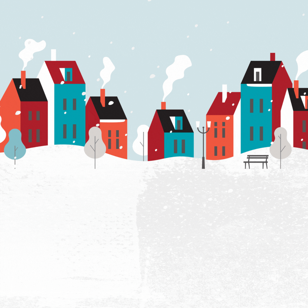 Happy holidays 4X animated gif showing snow and cute houses