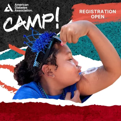 Young African American girl making bicep with cgm on arm camp registration open