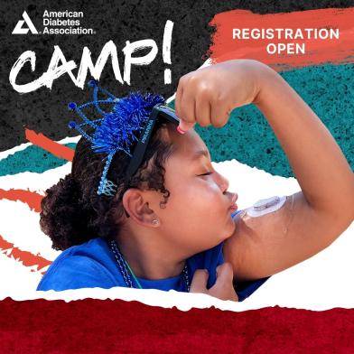 Young African American girl making bicep with cgm on arm camp registration open