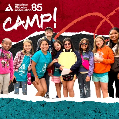 Smiling group of ADA diabetes camp children on colorful background