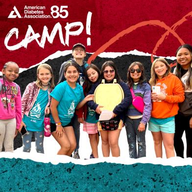 Smiling group of ADA diabetes camp children on colorful background