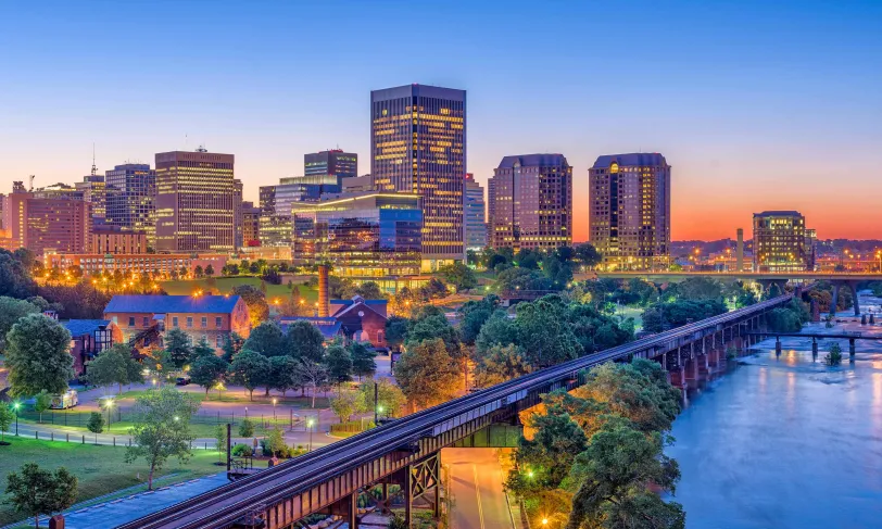 Richmond Virginia skyline along the James river at dusk
