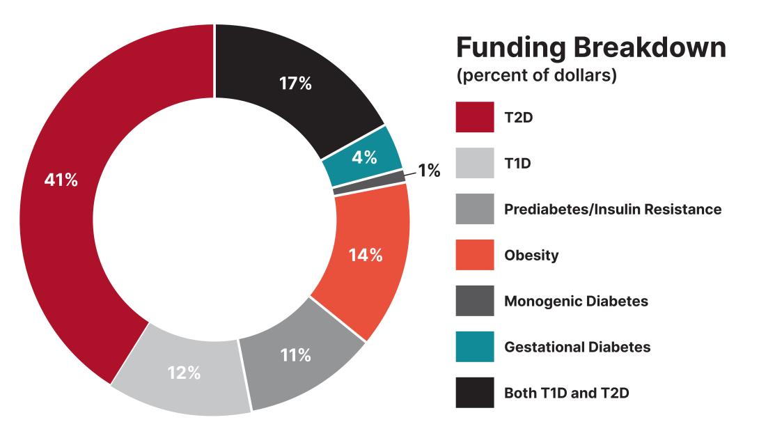 Pie chart showing research funding by the American Diabetes Association